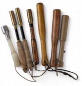 Collection of 7 priests, variety of materials, including wood, cork handle examples with brass