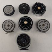 Assortment of vintage fly reels, including 2 x Sharpe's the Gordon 3 ½