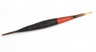 Vintage cork on quill Avon pattern float, in black/red, in wooden box, the underside of the lid