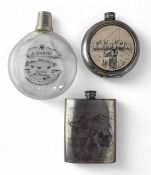 3x spirit flasks, a glass/white metal example, a Hardy Cognac extra fine champagne, with trout/fly