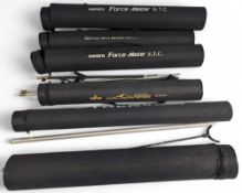 6x Canvas Fishing Rod Tubes, the tallest is 84cm tall, with brands of Daiwa, Shakespeare, two have