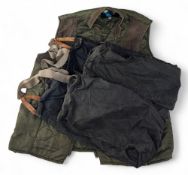 Barbour wax Fishing Trousers, with braces and a padded blue riband waistcoat size L, the trousers