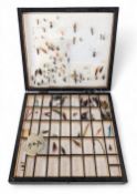 Vintage Fishing Flies Tackle Box: a sectioned painted with salmon to lid with a selection of