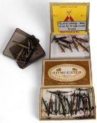 Collection of vintage lures, including Wadham & Allcock celluloid minnows, Kill Devil metal