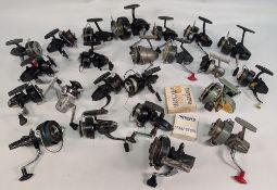 Large collection of vintage fixed spool spinning reels, mainly Intrepid models, including Consort,