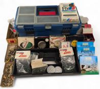 Plastic Fishing Tackle Box, containing Devons, minnows, line unused by Shakespeare WFS7 (unused),