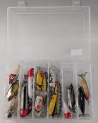 Collection of freshwater plastic lures & metal baits, including Heddon, Lucky 13, Meadow Mouse,