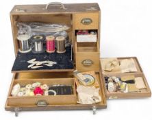 Period Wooden Fly-Tying Case, with drawers and period contents, reels, feathers, nylon line,