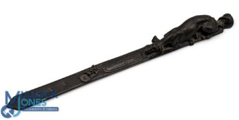 After J Moigniez - bronze paper knife cast with a hound watching a fly, L27cm