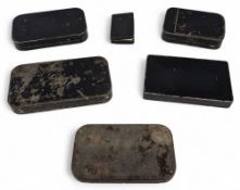 6x black japanned boxes - an Ogden Smith of London black japanned Mascot fly/cast box, 10 hinged