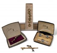 Set of Stratton, England gilt metal cufflinks with tie pin, each showing a trout fly under glass,