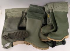 3x Pairs of Rubber Booted Chest Waders, two made by Ocean and a Dunlop pair, all having size 8