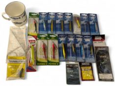 Lot of Fishing Lures, Plug, Spinners, Flying C, hooks, all unused carded, with an enamel fishing mug
