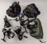 Collection of fresh water spinning reels, including Shimano Super Match RE with spare spool, 5 x