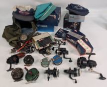 Bag of assorted spinning/fly reels, including Intrepid, Ryobi & others, a/f, in canvas bag plus 6