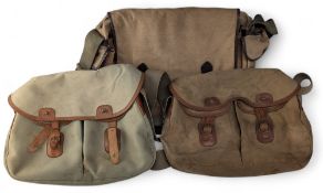 2x Brady canvas and leather trimmed Fishing Bags, both with webbing shoulder straps, two front
