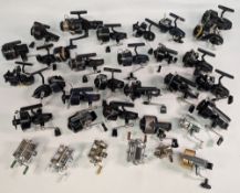 Large collection of Mitchell reels, models include Match, 300, 330, 310A, 320 plus a few closed face