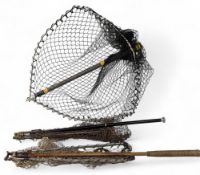 3x Folding Landing Nets, a period Ogden Smiths net with wooden handle, an unbranded one with