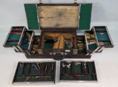 Vintage cantilever wooden box by EW Parlour, Lincolnshire, containing selection of vintage lures,