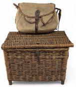 Period Wicker Fishing Seat Box, with wooden feet, and a replacement shoulder strap, in good clean