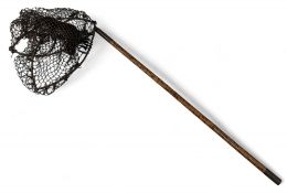 Period Fishing Landing Net, with a burned bamboo handle, brass fittings and collapsible metal head -
