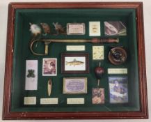 Framed Fishing Diorama to contain models brass gaff, wooden reels floats flies framed under glass #