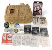 Small Wicker Fishing Creel with a selection of Hardy tapered leaders, Mastercast casts,