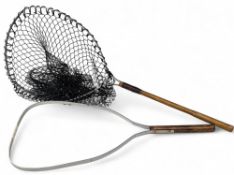 2x Scratch Built Landing Nets, aluminium framed with wooden handles, one missing its net