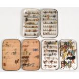 3x Wheatley alloy pocket fly boxes, 6"x3 ¾", 1 with swing leaf, containing selection of trout/salmon