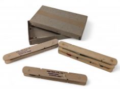 3x Albert Smith box wood line winders with floats, each winder blue ink stamped 