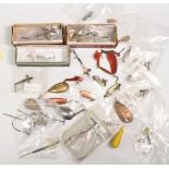 Large collection of assorted metal lures, including a 2" glass eyed spoon, bait mounts, Allcock