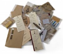 Box of Hardy ephemera including a nickel rod spear, crocodile mounts, fly spoons, gut cast