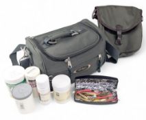 Salisbury shoulder bag and GMK shotgun cartridge bag with 4 tubs of various lures and a case with