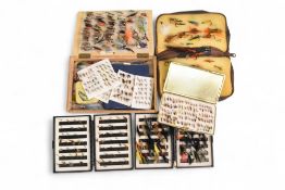 Collection of assorted trout/salmon flies, in wood & plastic boxes, plus a wallet, as per image