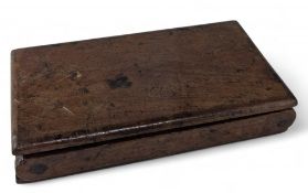 Early wooden book style winder case, hinged to front/rear, holding a 4-slot winder with bone rollers