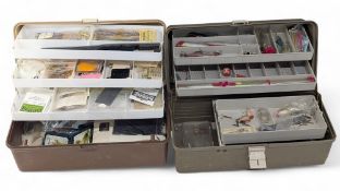 2x Cantilever Fishing Tackle Boxes, one by Flano, with a collection of fly-tying accessories, reels,