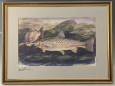 Bernard Venables Signed Print, of a Pair of Brown Trout signed in pencil to mount - size #45cm