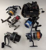 Collection of saltwater spinning reels, including 2 x Mustang ZFS70 models, Shakespeare 2010-070,