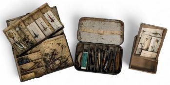 C Farlow & Co, London black japanned lure box, removable tray holding a collection of vintage lures,
