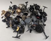 Collection of vintage spinning reels, models include Intrepid Elite, Black Prince, Supreme, a
