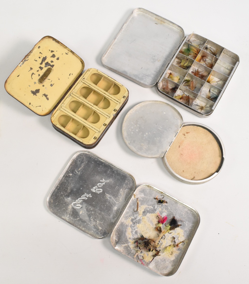 Hardy alloy 4" cast damper with felt pad, a J Bernard & Son, black japanned dry fly box, with hinged