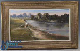 John Horsewell, River Scene Painting, with a fisherman, signed, oil on canvas, in gilded gold