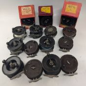 Collection of Allcock vintage Bakelite reels, including 3x boxed examples, a Slater latch Aerialite,