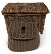 A small wicker Fishing Creel, with a wide webbing shoulder strap, slight wear to one hinge, size #