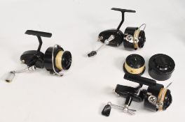A collection of Mitchells 301 RHW fixed spool spinning reels: spool tensioner, good bail, on/off