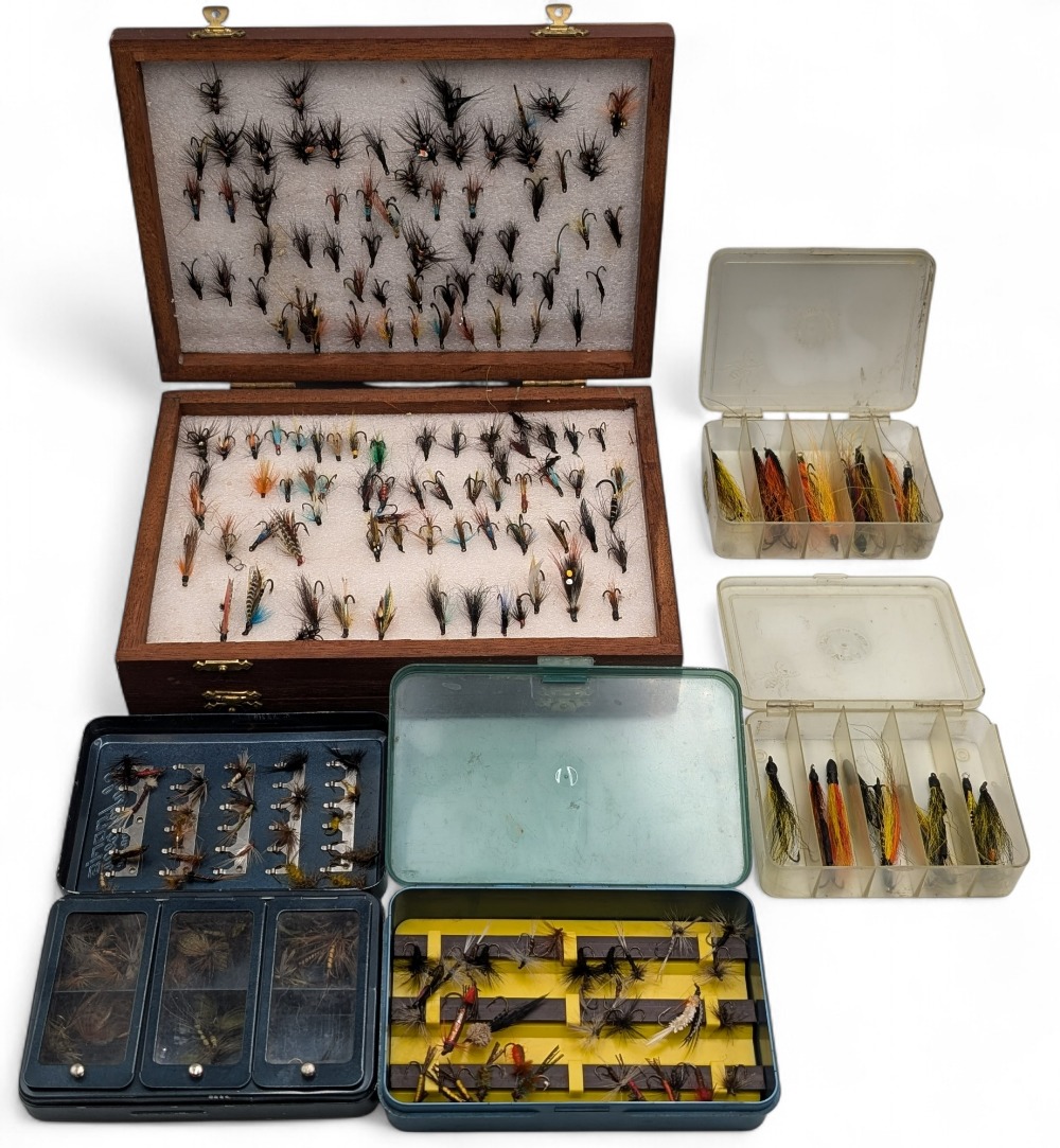 Double sided wooden Fly Box, with trout flies, plus a selection of dry flies, Samon tubes