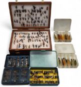 Double sided wooden Fly Box, with trout flies, plus a selection of dry flies, Samon tubes