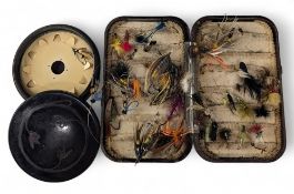 Hardy Neroda salmon fly box, chenille bars holding a quantity of vintage salmon flies, including a