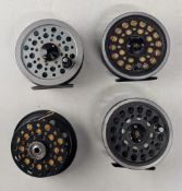 Pair of JW Young, Redditch, England 1530 alloy fly reels, in good condition, with 1 green spare