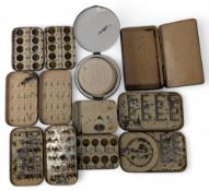 7x vintage black japanned fly/cast boxes, including a 20-compartment dry fly box with hinged lids,